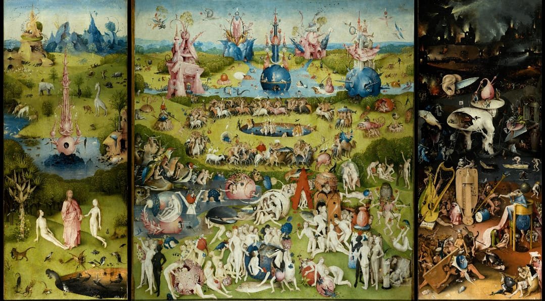 Lukisan triptych "The Garden of Earthly Delights" karya Hieronymus Bosch yang menampilkan perjalanan visual dari Taman Eden menuju Neraka Musik.